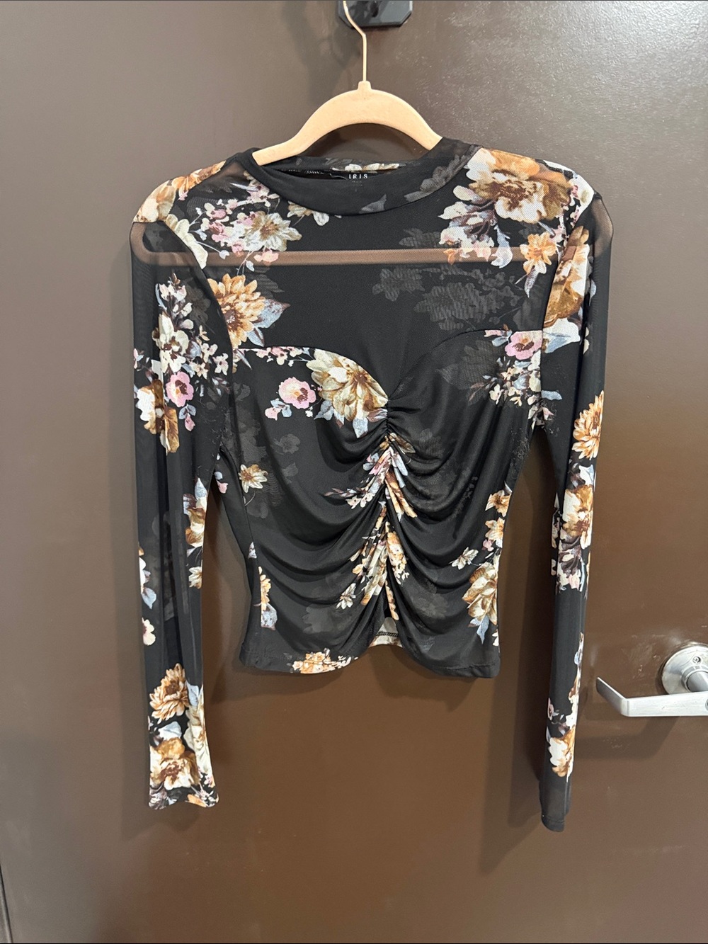 iris Black Sheer Long-Sleeve Top with Brown & Cream Floral Print